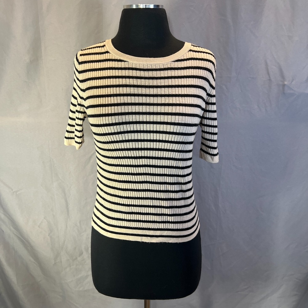 Uniqlo Short Sleeve Top Womens Medium Beige Black Striped Ribbed Knit Crew Neck